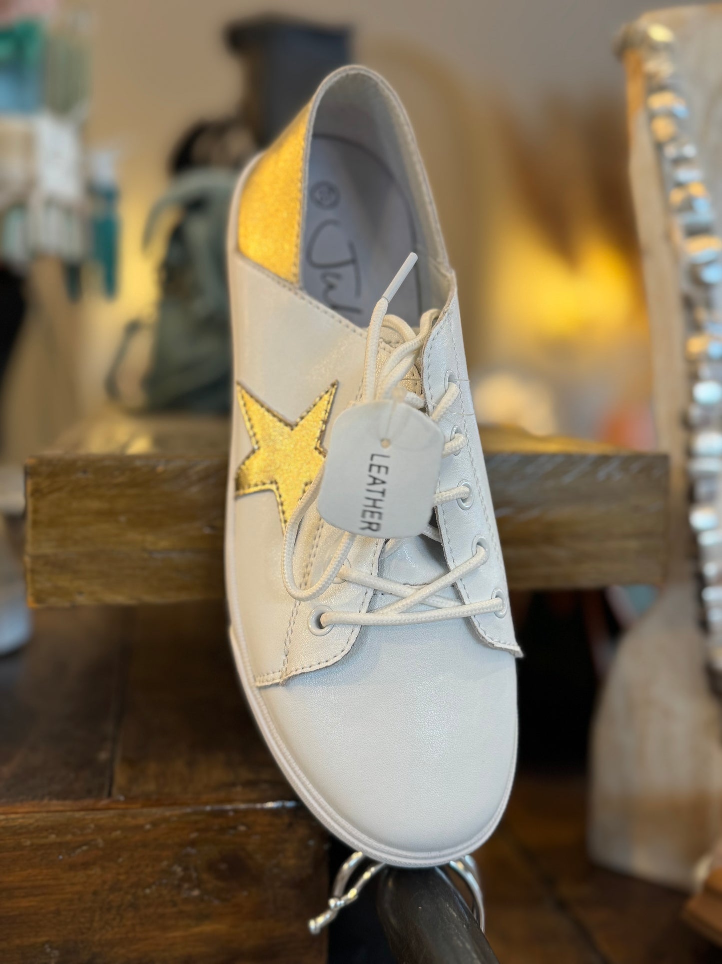 Vicky white and gold shimmer Julz shoe