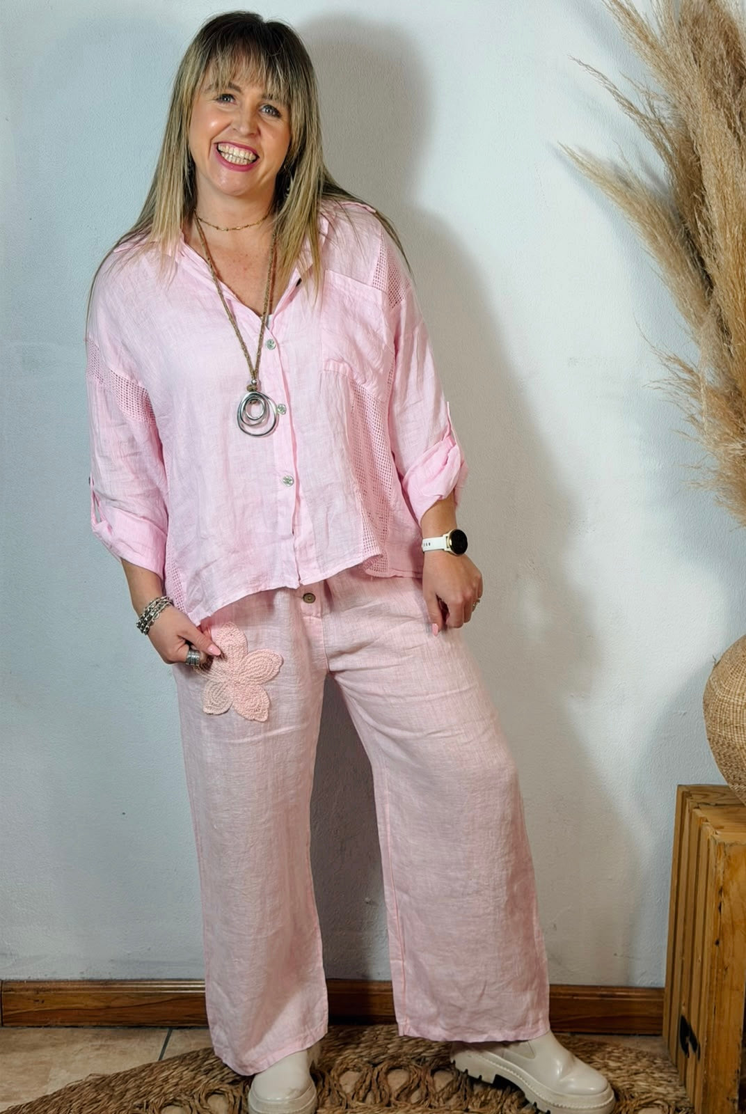 Embroided Linen Pants Pink