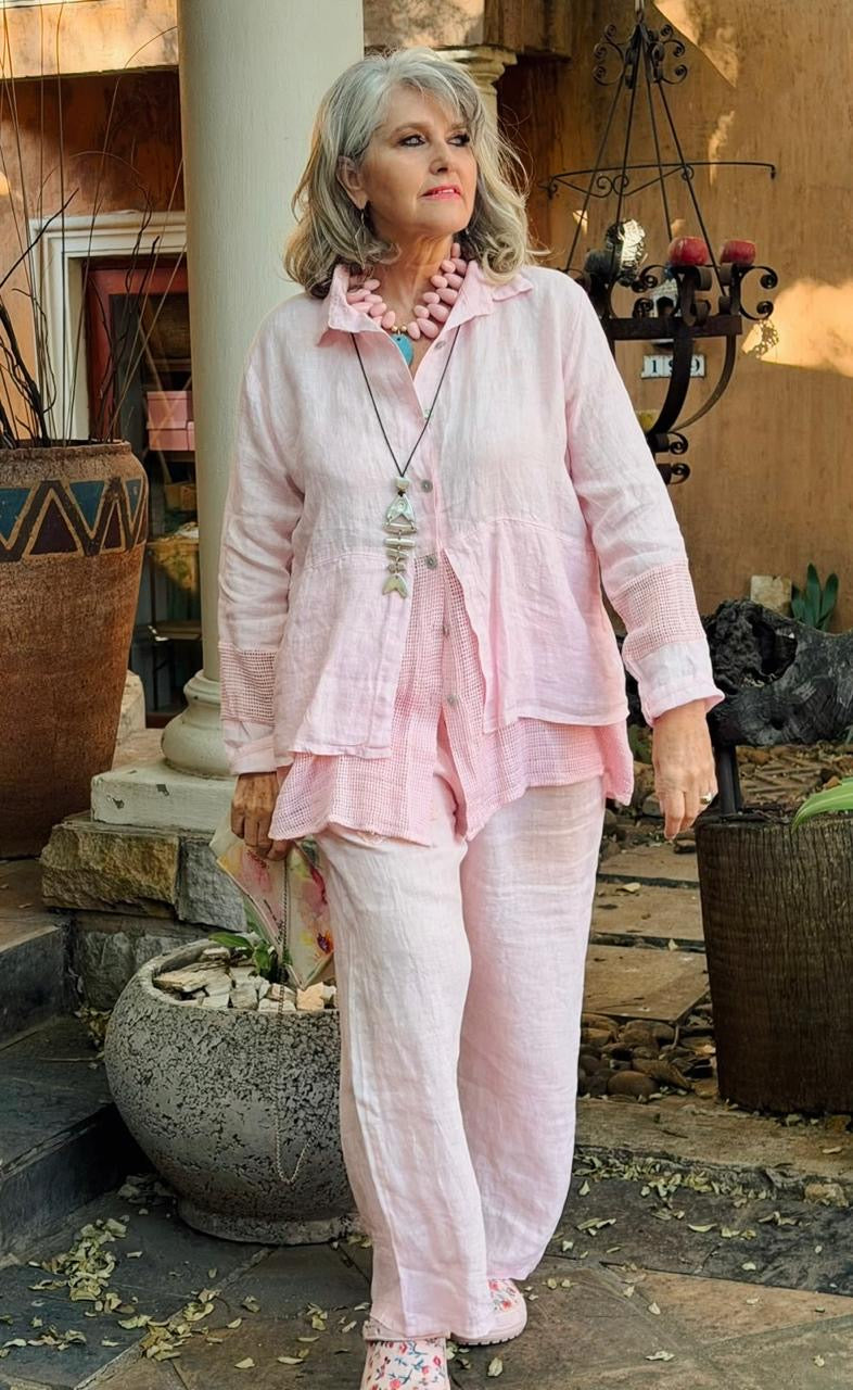 Embroided Linen Pants Pink