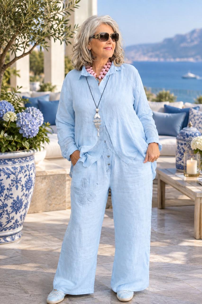 Embroided Linen Pants Blue