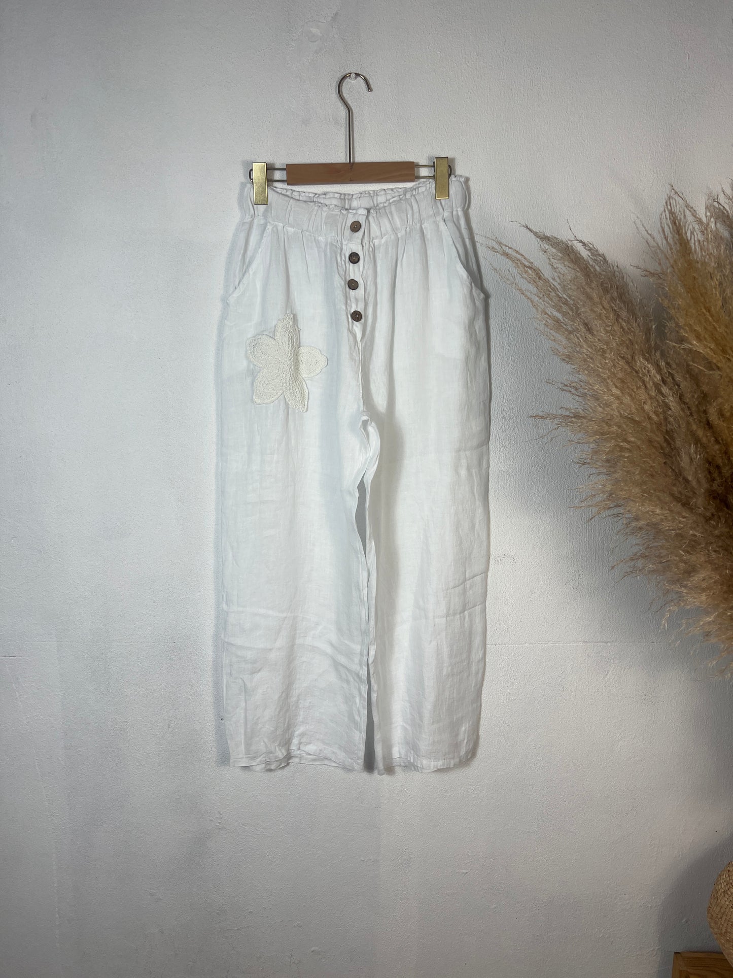 Embroided linen Pants White