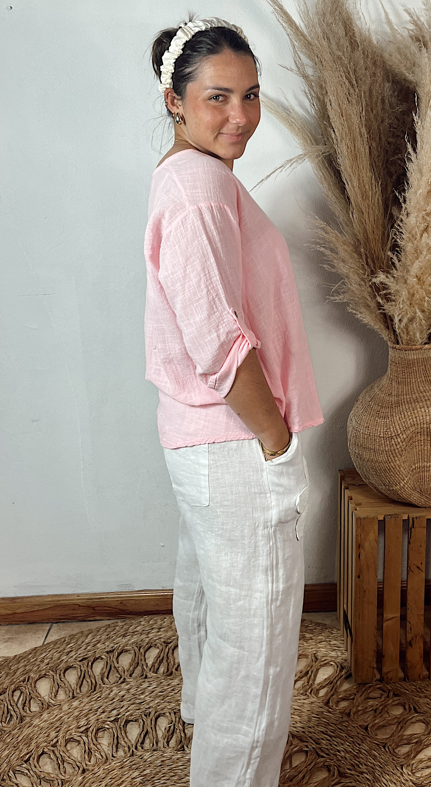 Embroided linen Pants White