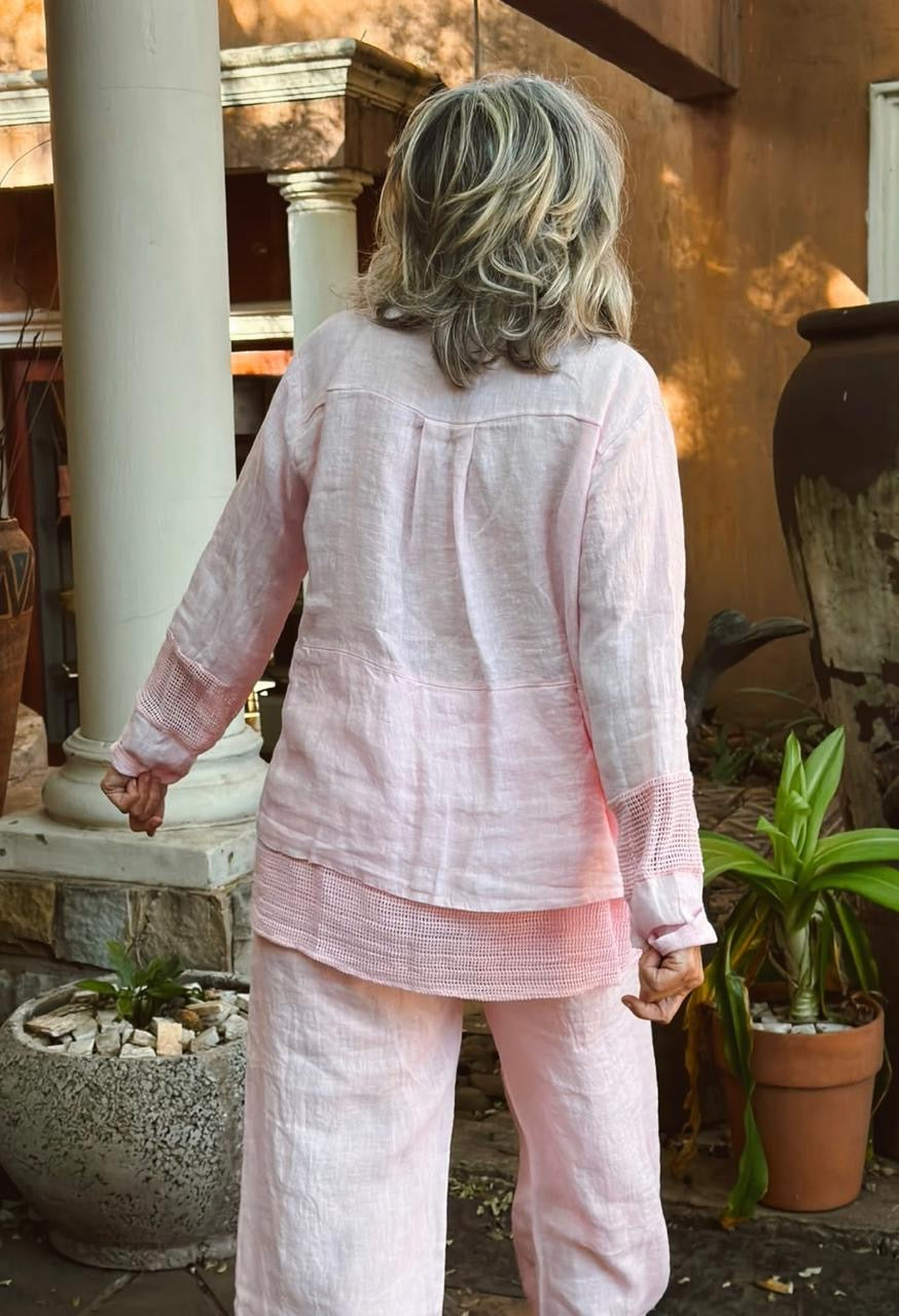 Embroided Linen Pants Pink