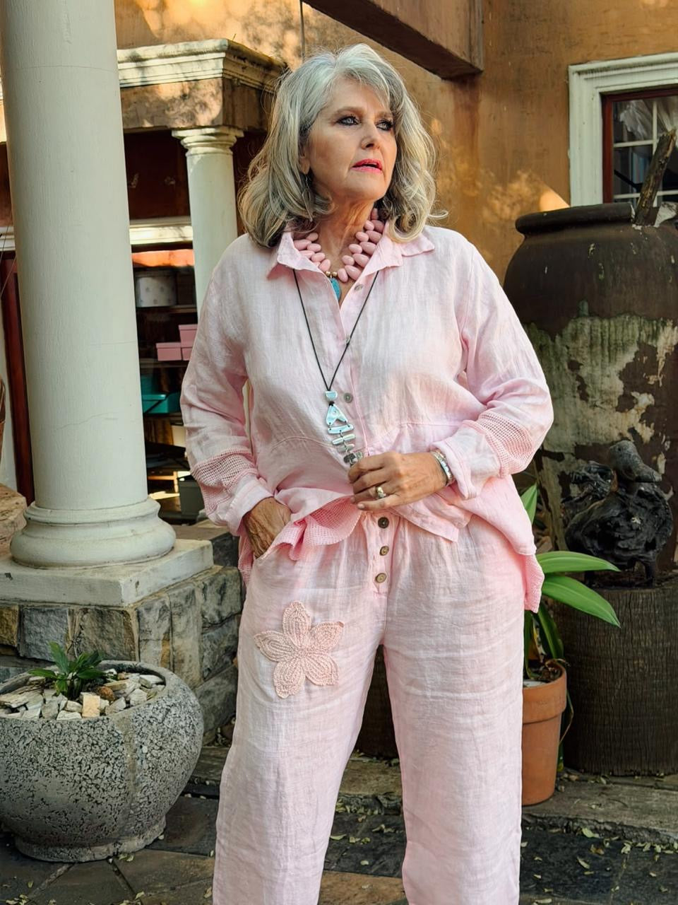 Embroided Linen Pants Pink
