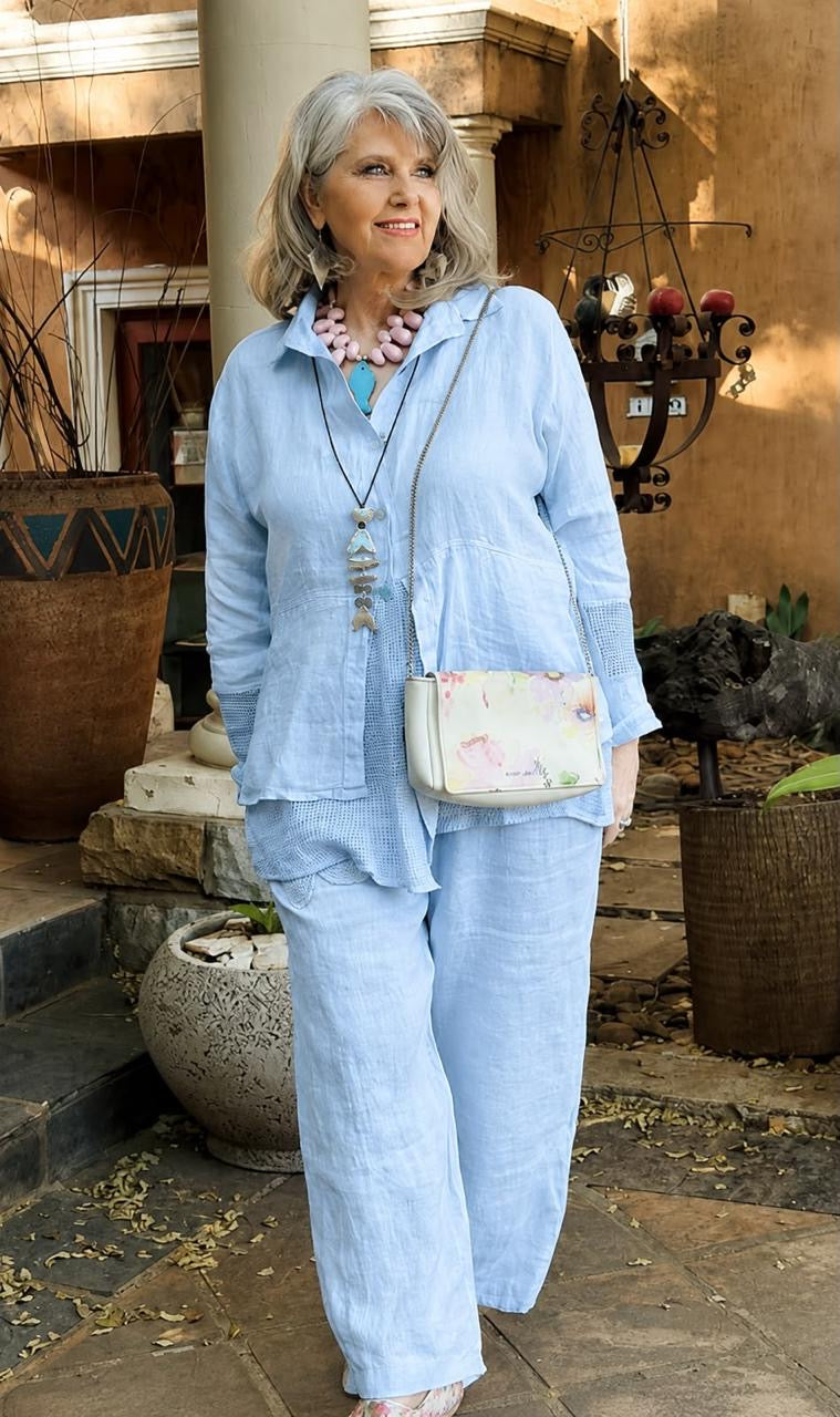 Embroided Linen Pants Blue