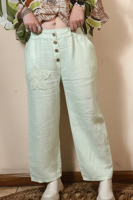 Embroided Linen Pants Mint