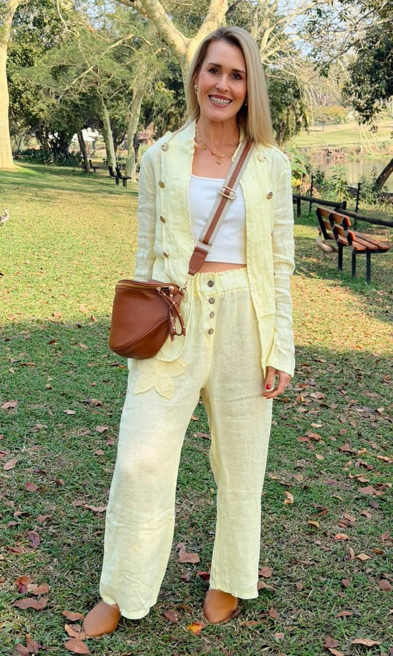 Embroided Linen Pants Yellow
