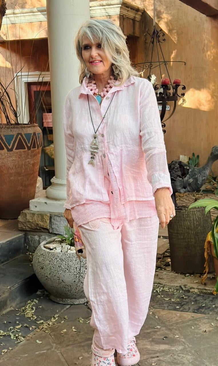 Embroided Linen Pants Pink
