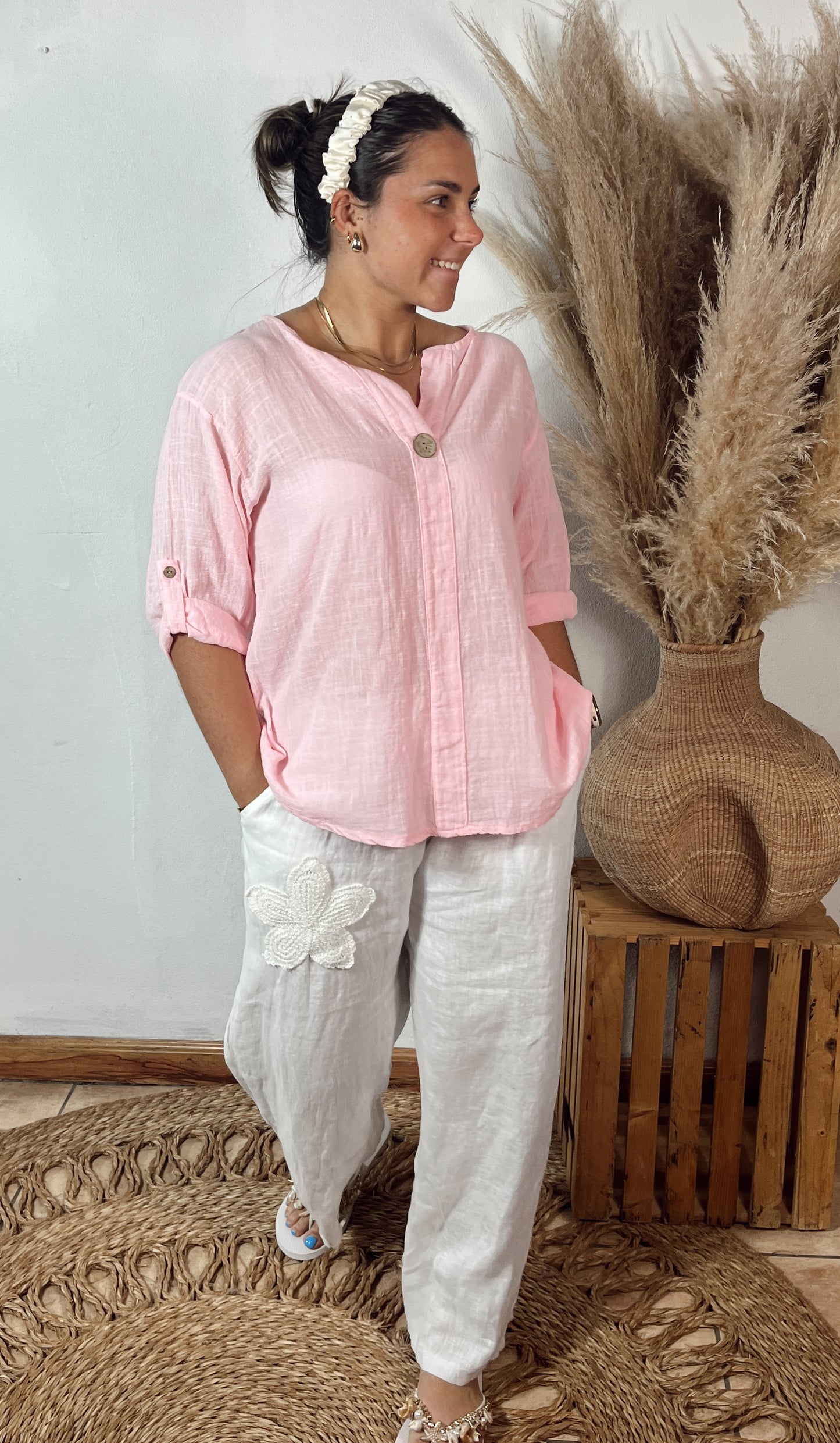 Embroided linen Pants White