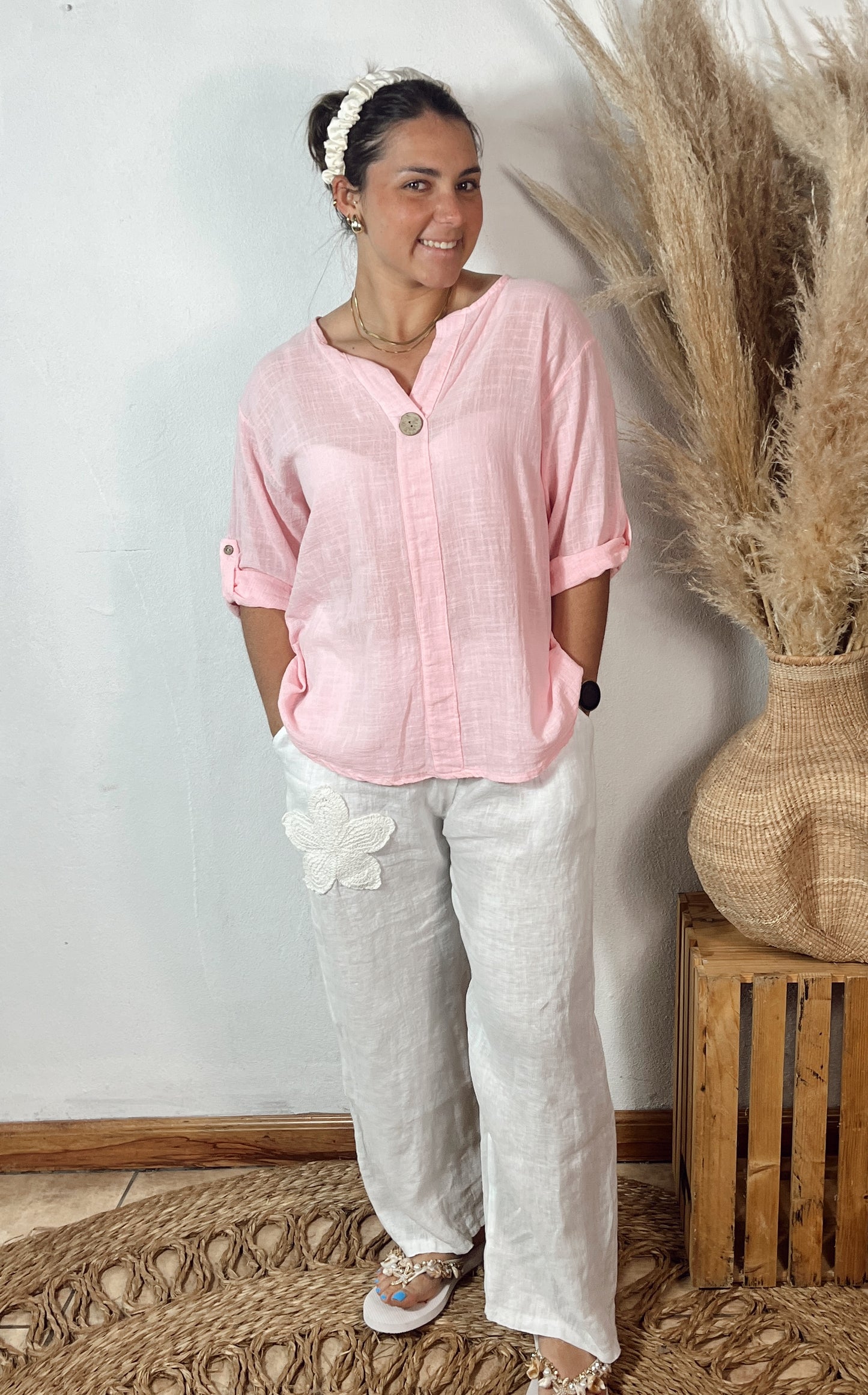 Embroided linen Pants White