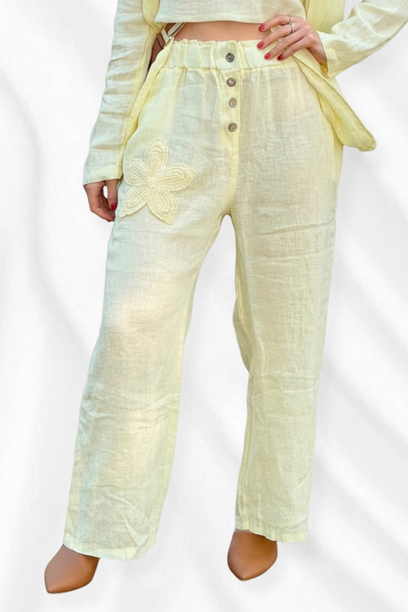 Embroided Linen Pants Yellow