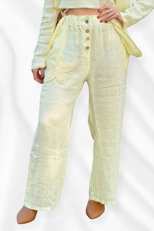 Embroided Linen Pants Yellow