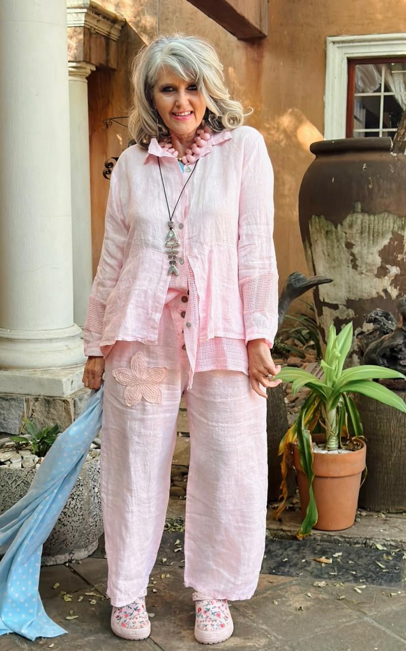 Embroided Linen Pants Pink