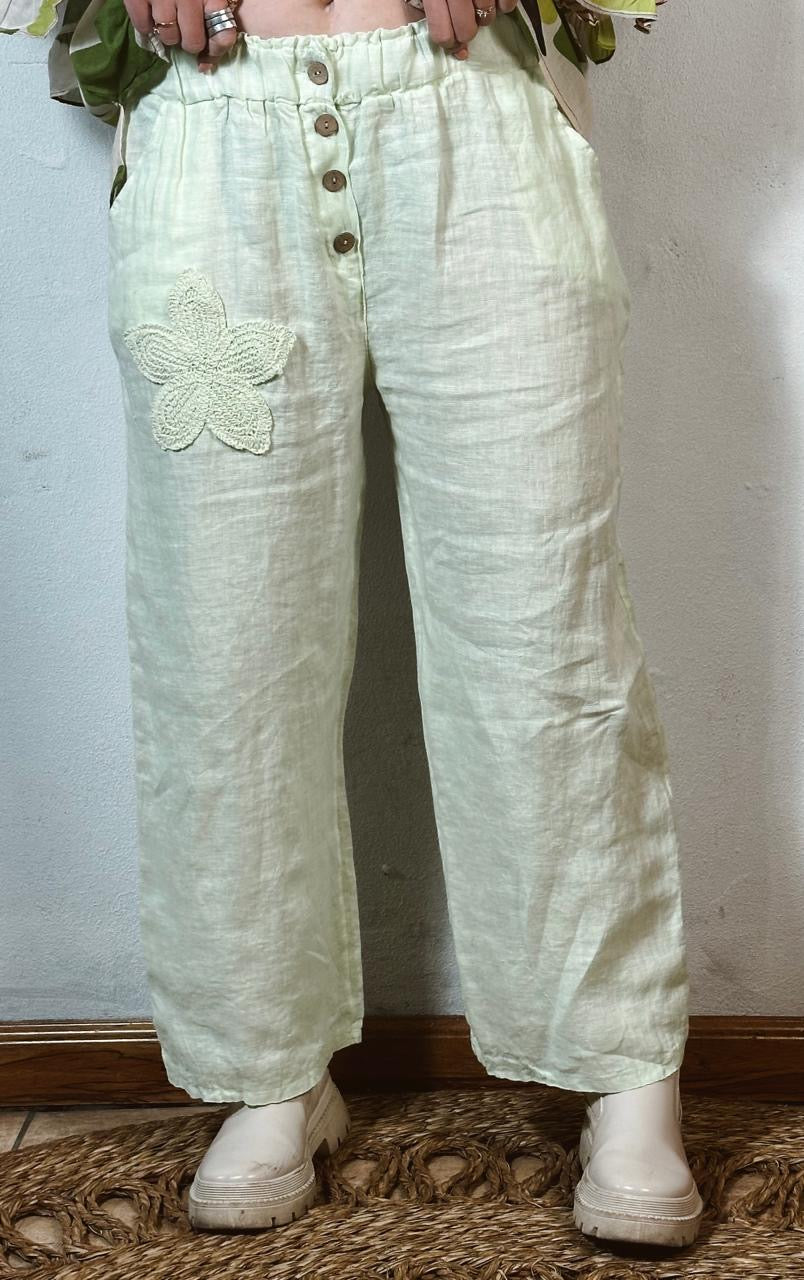 Embroided Linen Pants Mint