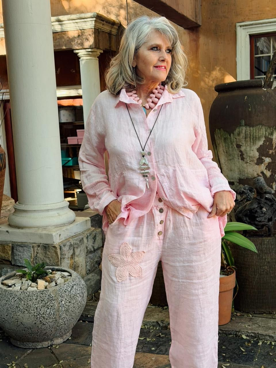 Embroided Linen Pants Pink