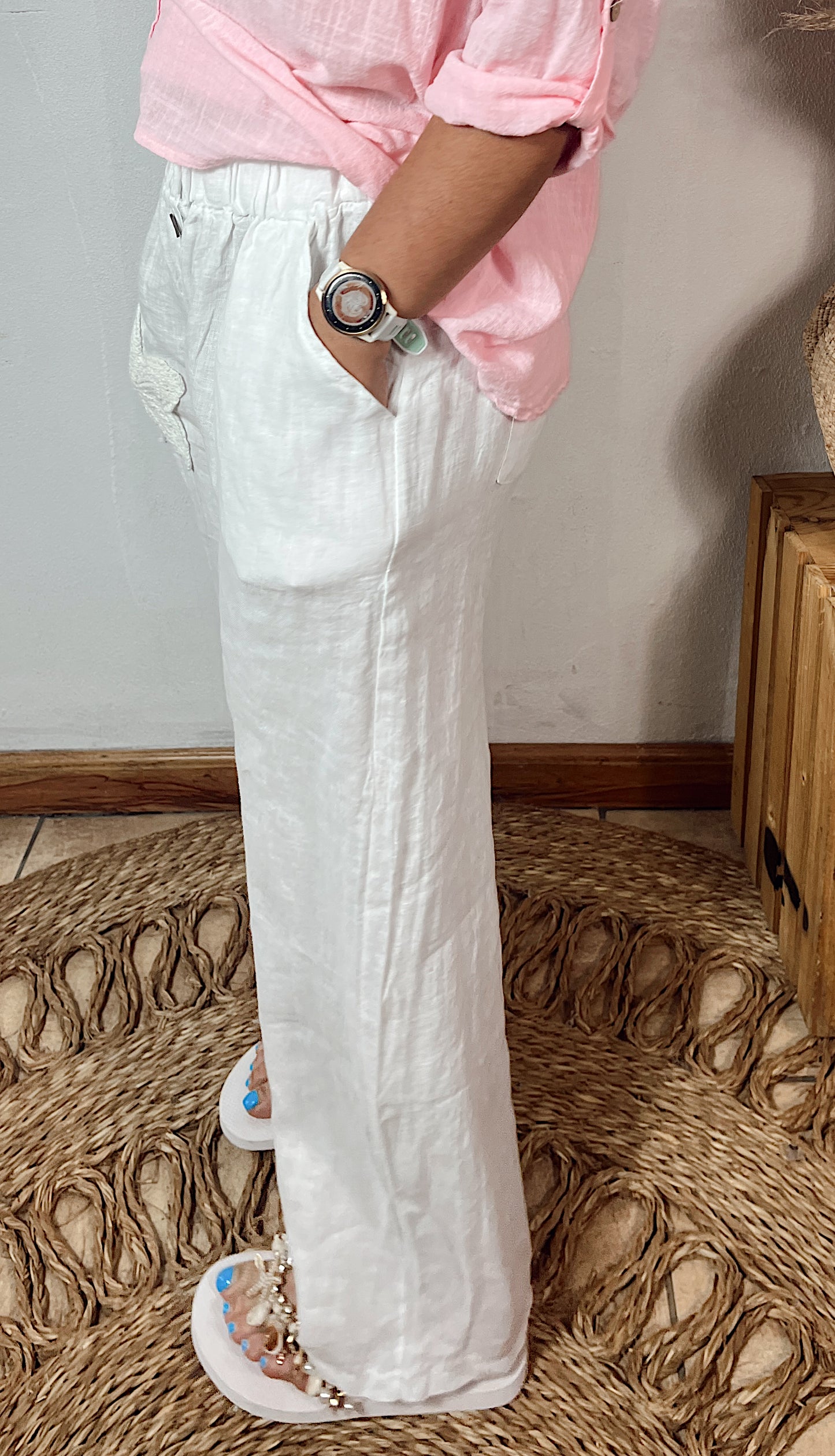 Embroided linen Pants White