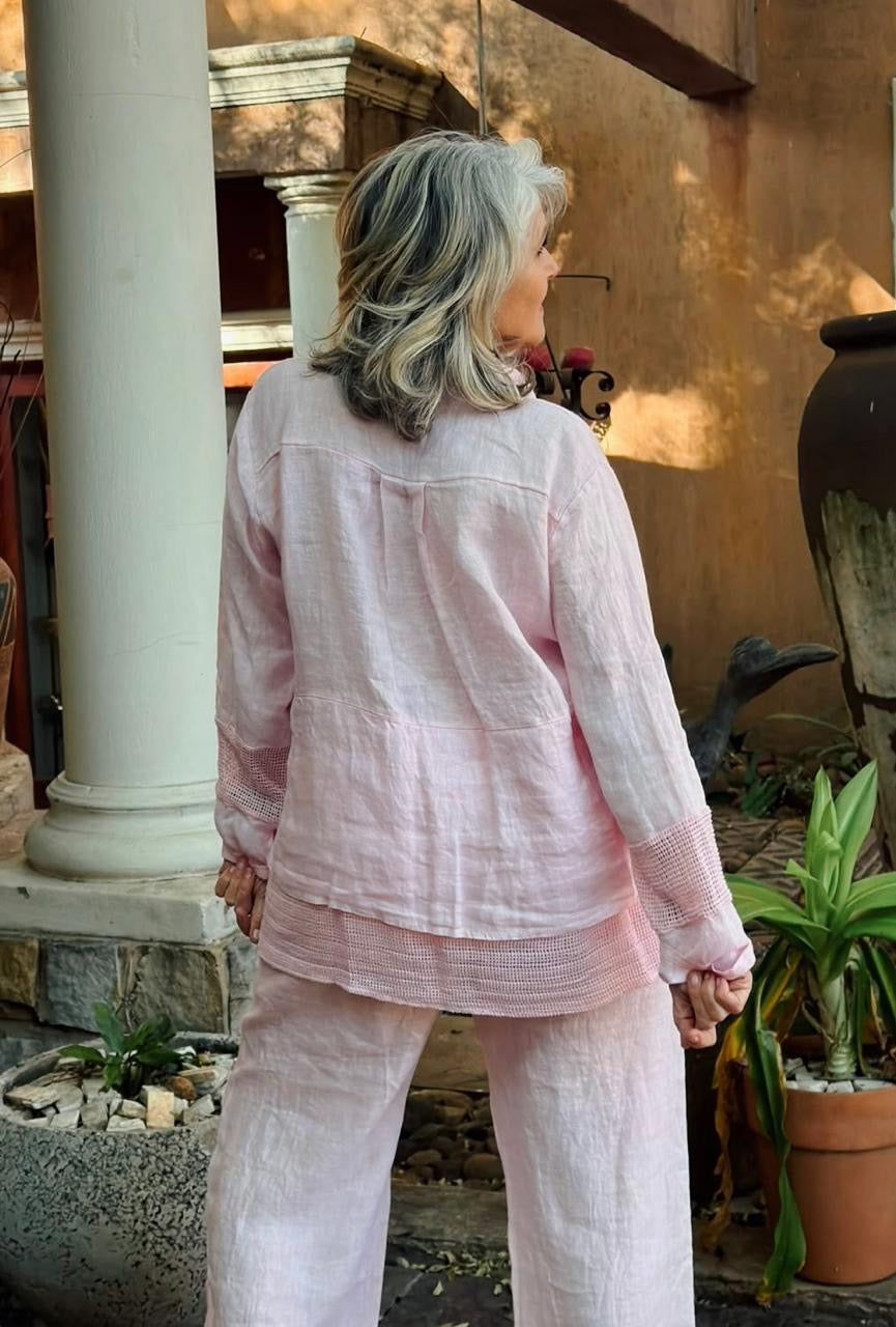 Embroided Linen Pants Pink