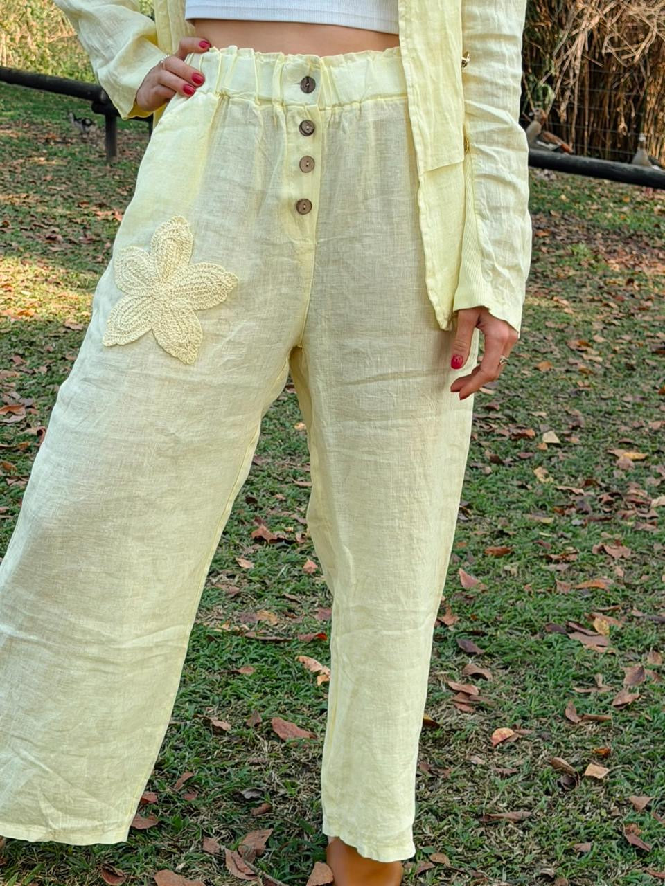 Embroided Linen Pants Yellow