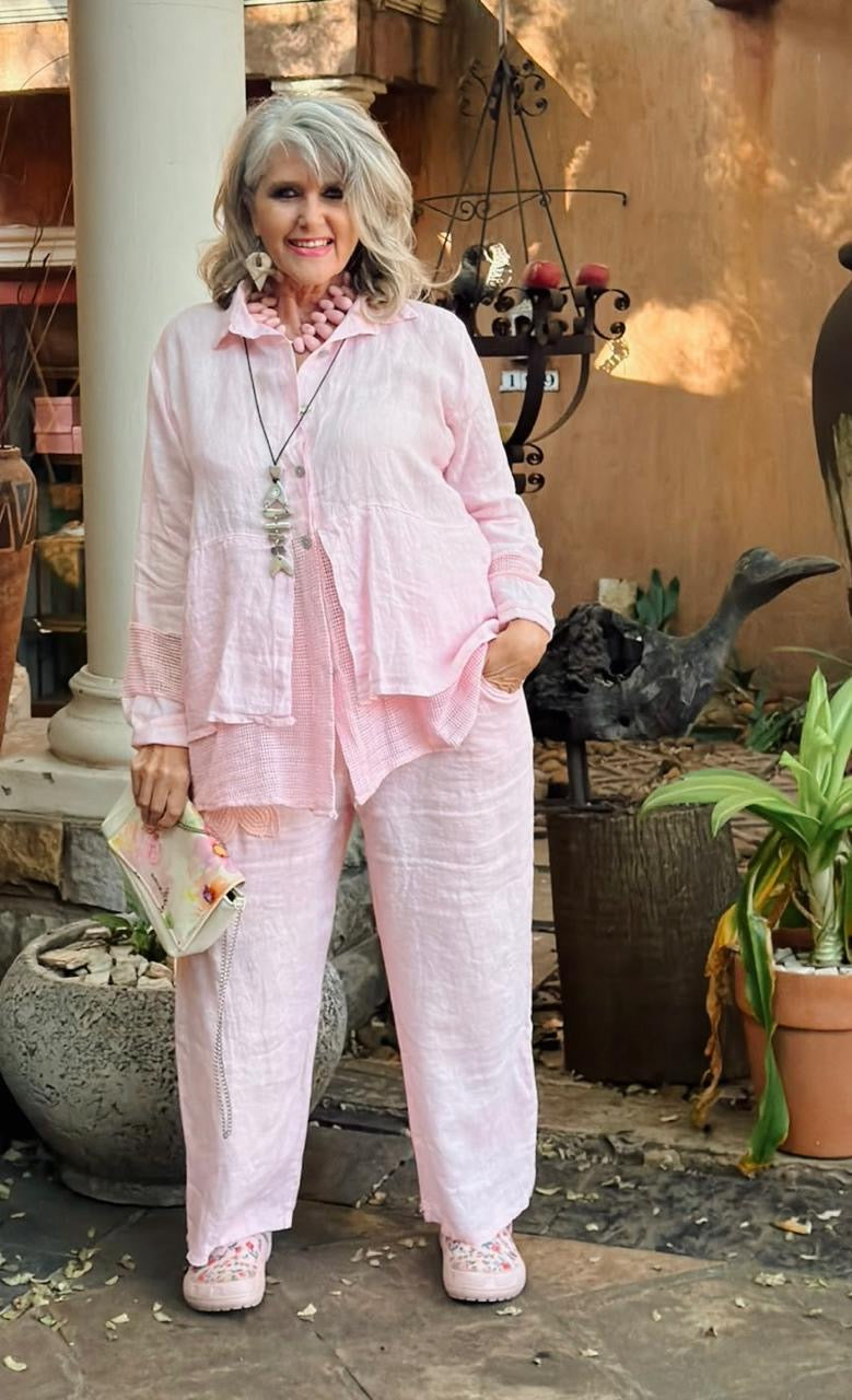 Embroided Linen Pants Pink