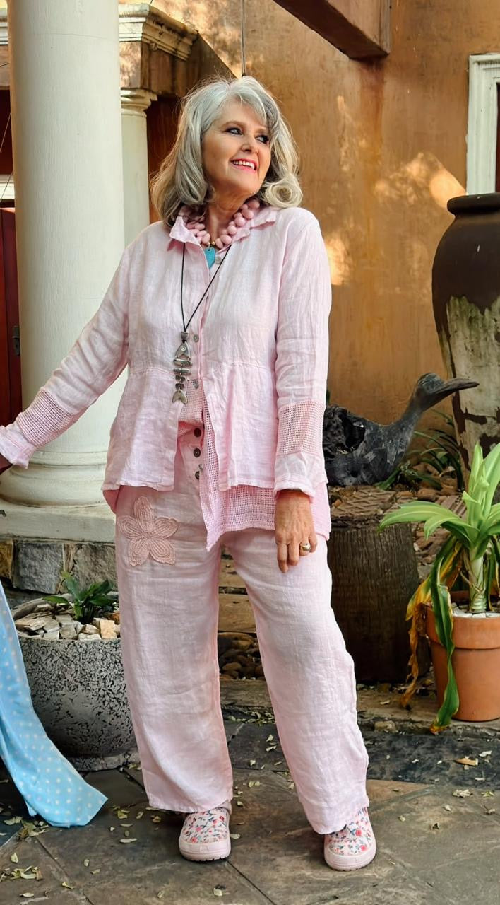 Embroided Linen Pants Pink