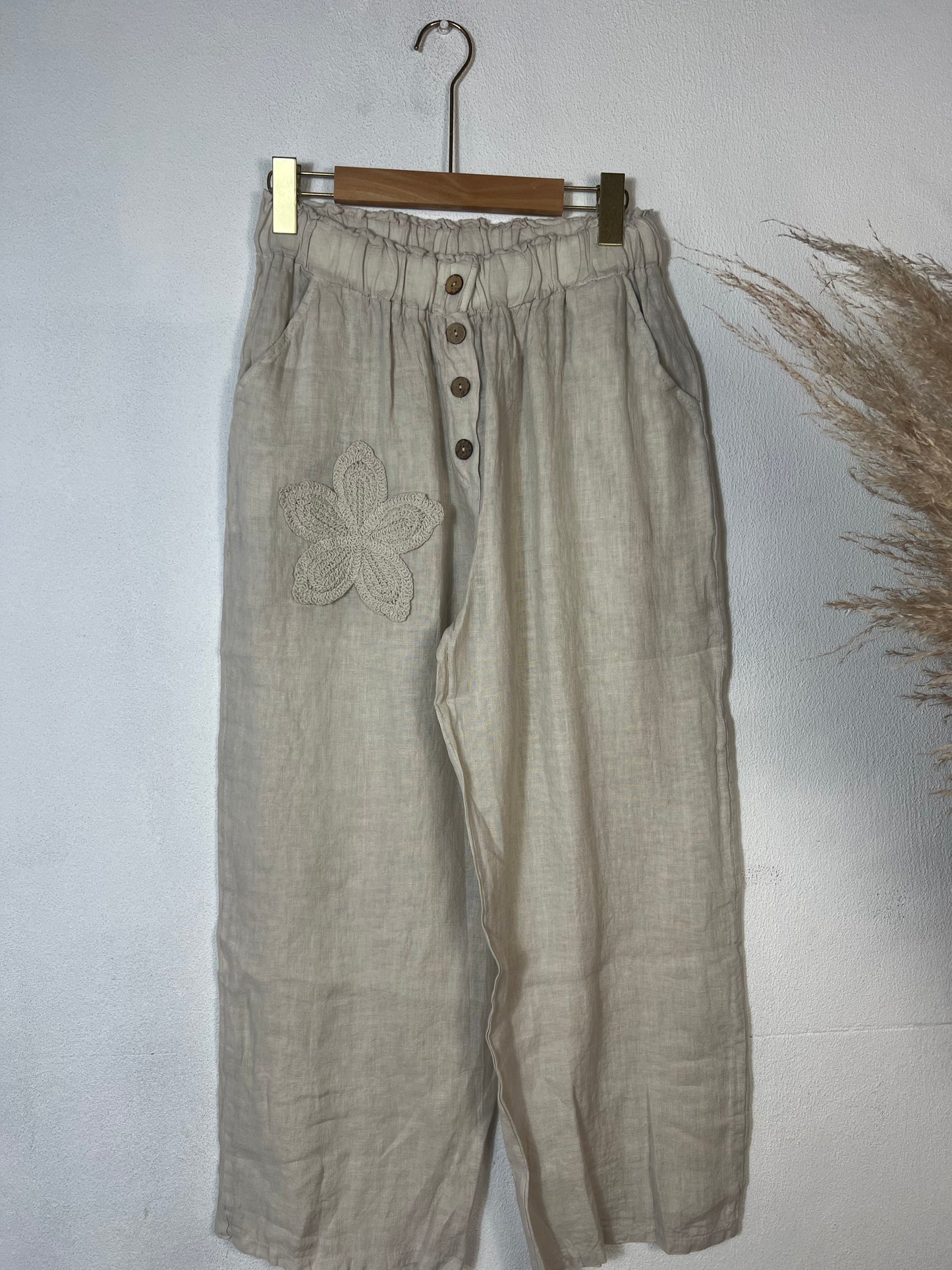 Embroided Linen Pants Beige