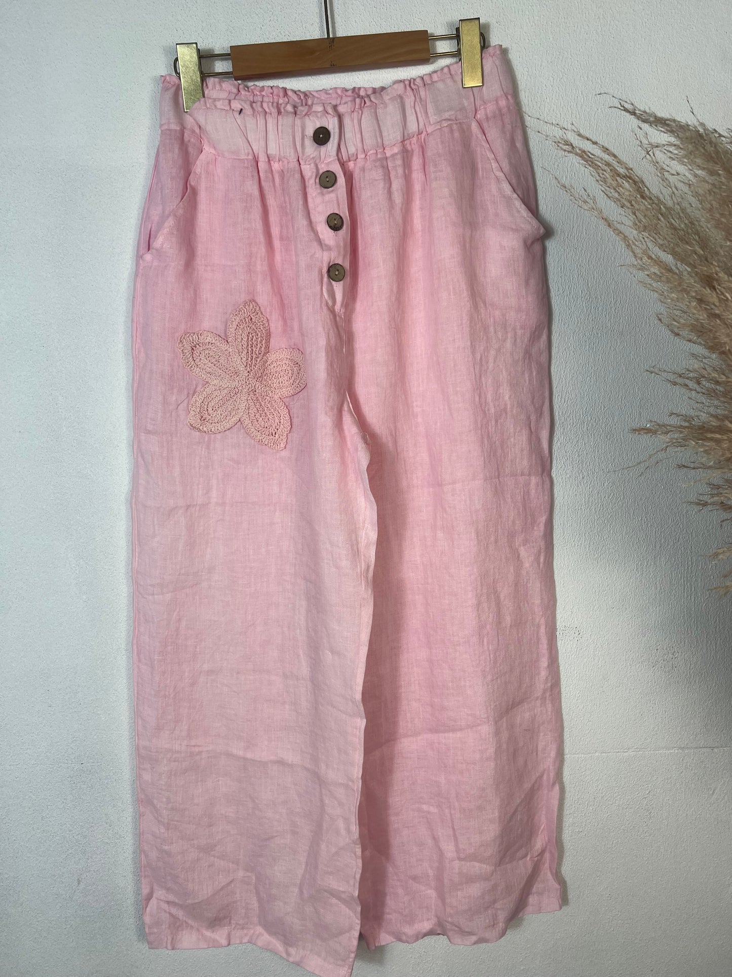 Embroided Linen Pants Pink