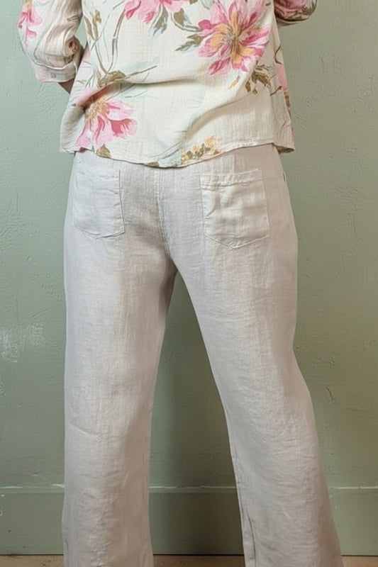 Embroided Linen Pants Beige