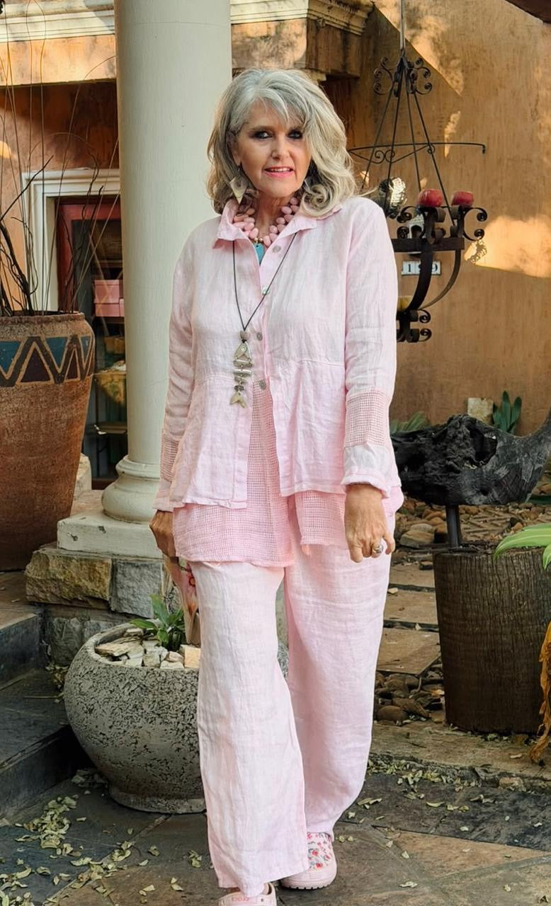 Embroided Linen Pants Pink