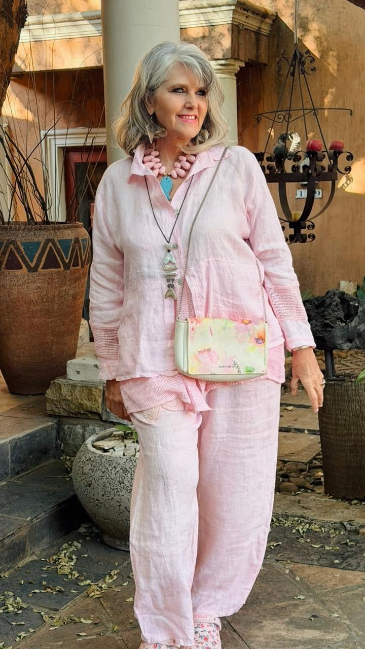 Embroided Linen Pants Pink