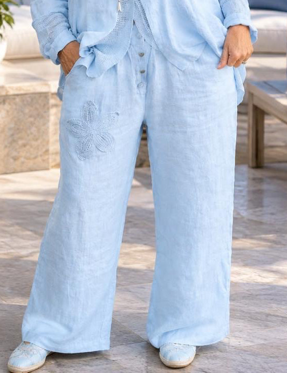 Embroided Linen Pants Blue
