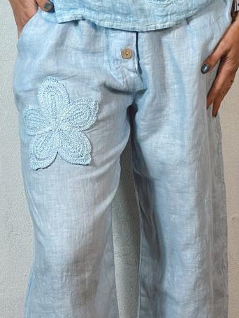 Embroided Linen Pants Blue
