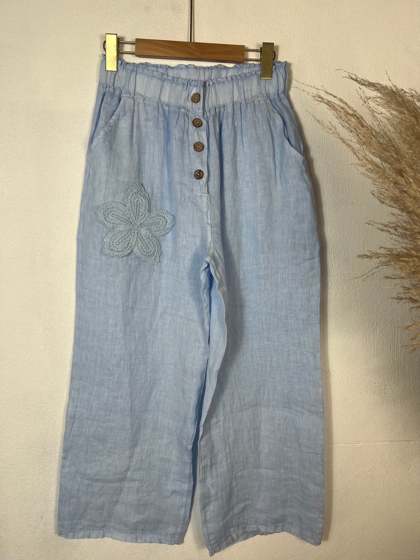 Embroided Linen Pants Blue