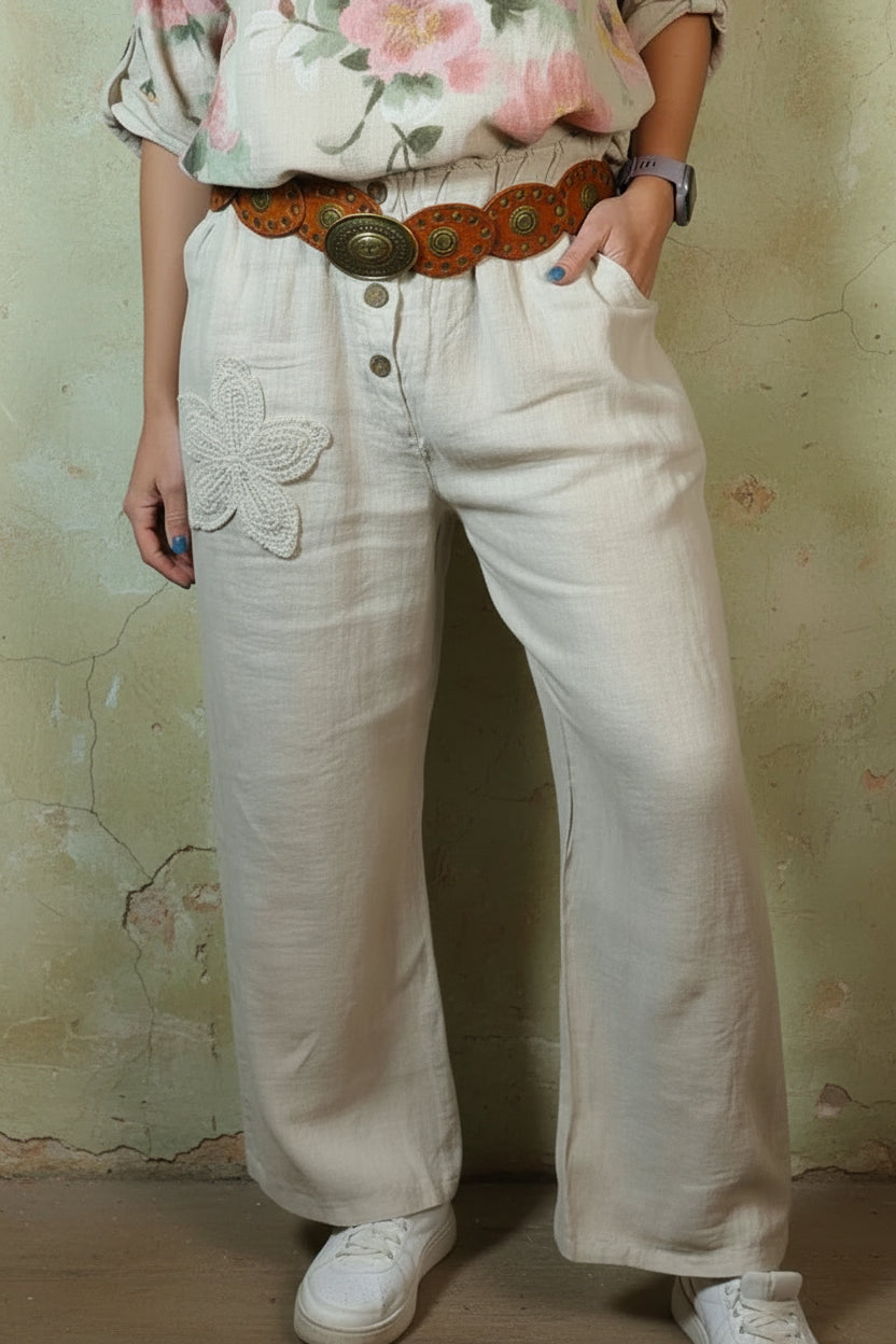Embroided Linen Pants Beige