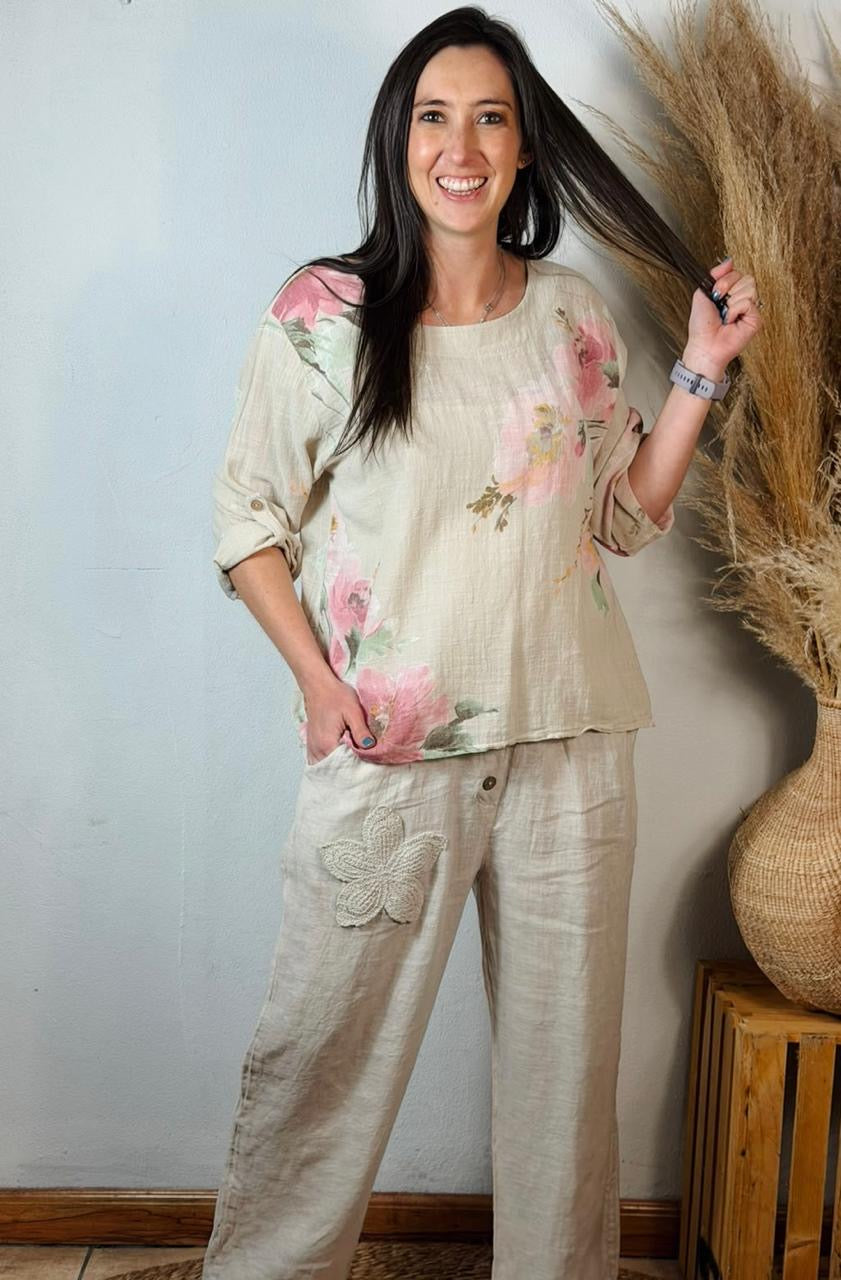 Embroided Linen Pants Beige