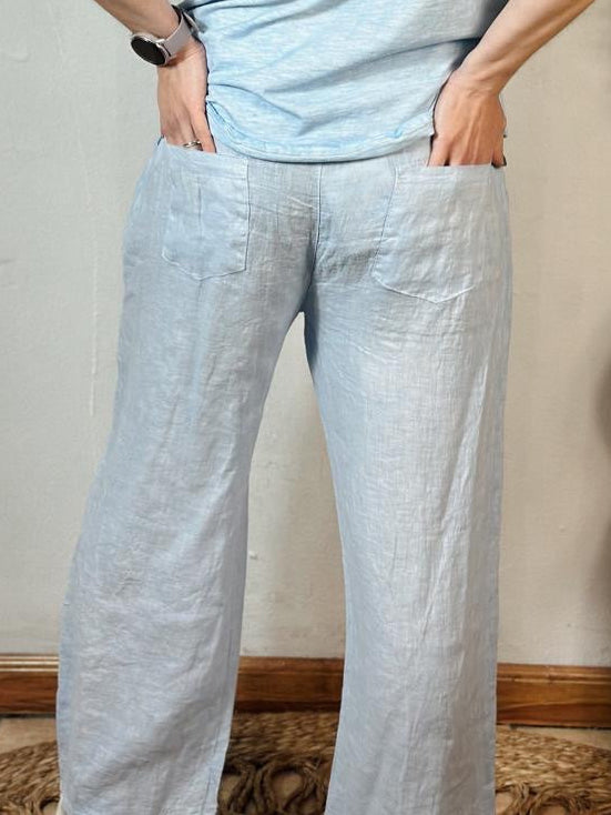 Embroided Linen Pants Blue