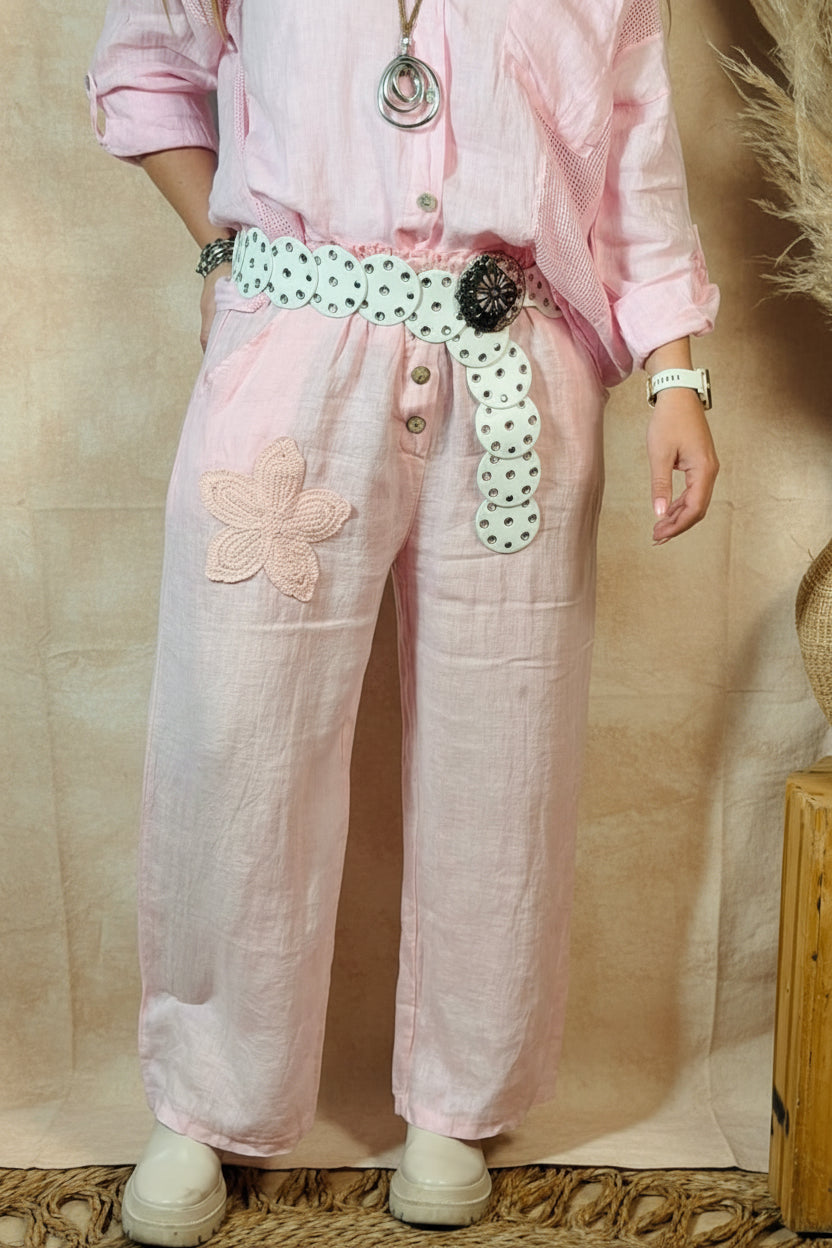 Embroided Linen Pants Pink