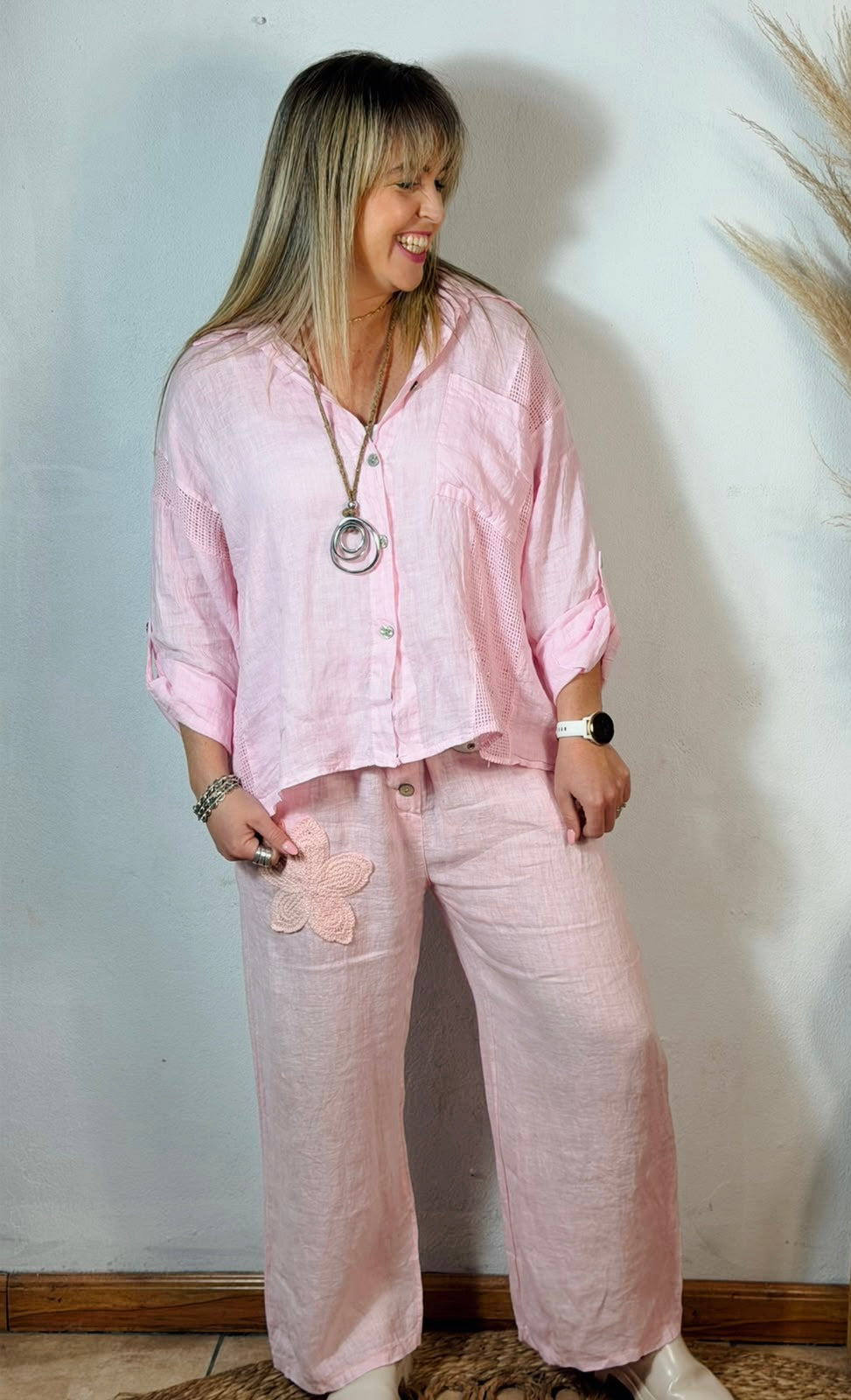 Embroided Linen Pants Pink