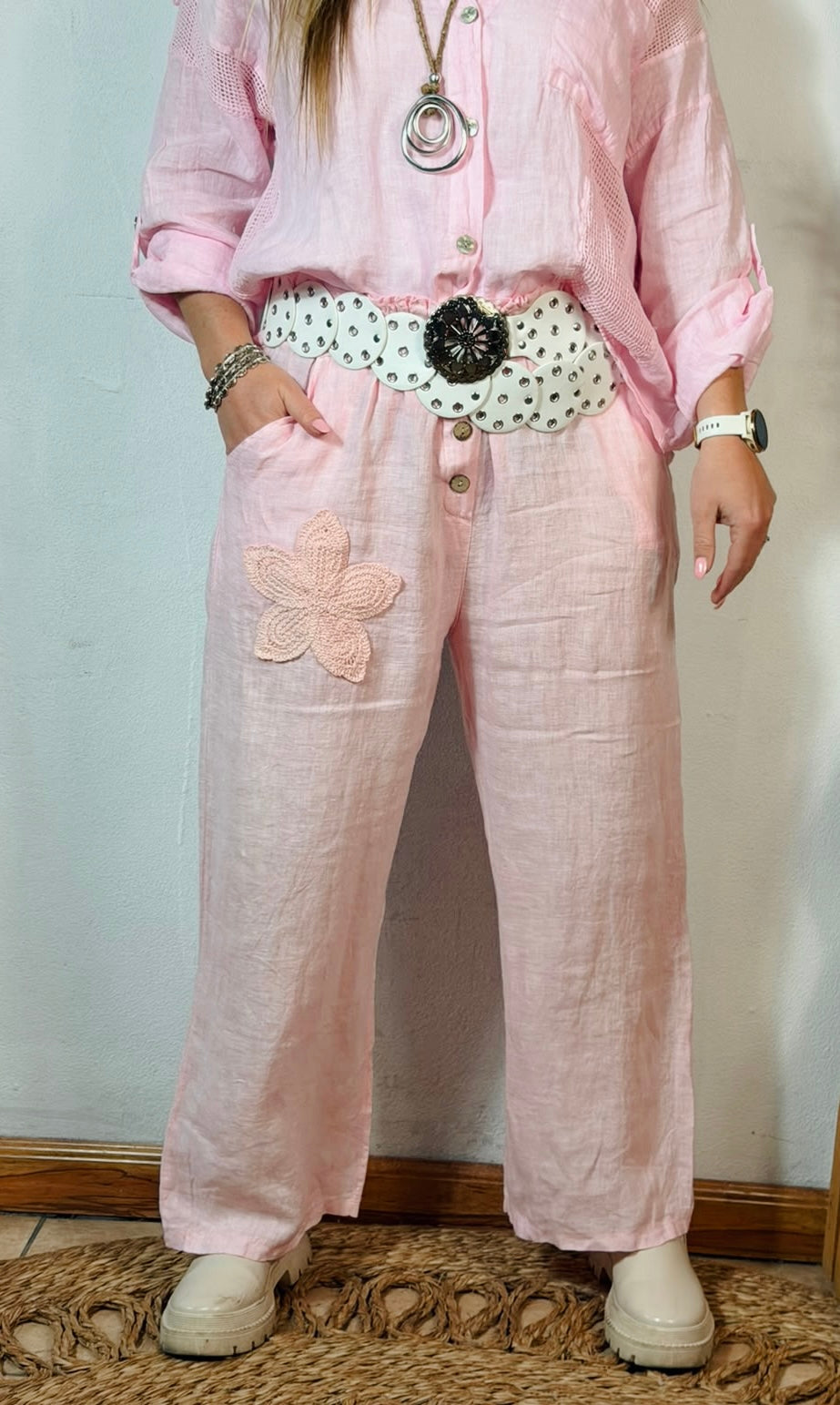 Embroided Linen Pants Pink