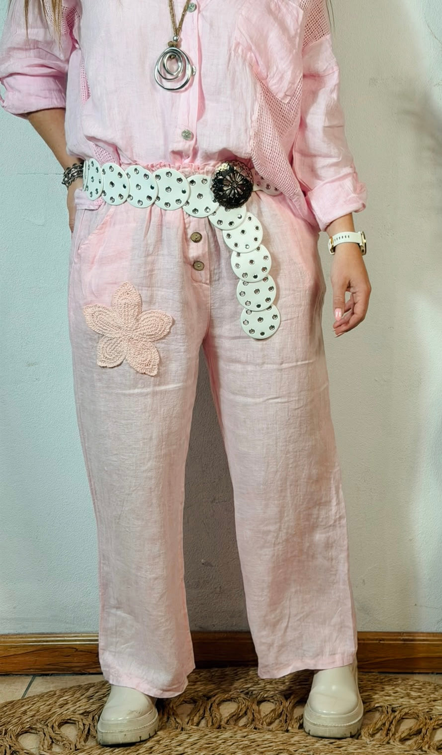 Embroided Linen Pants Pink